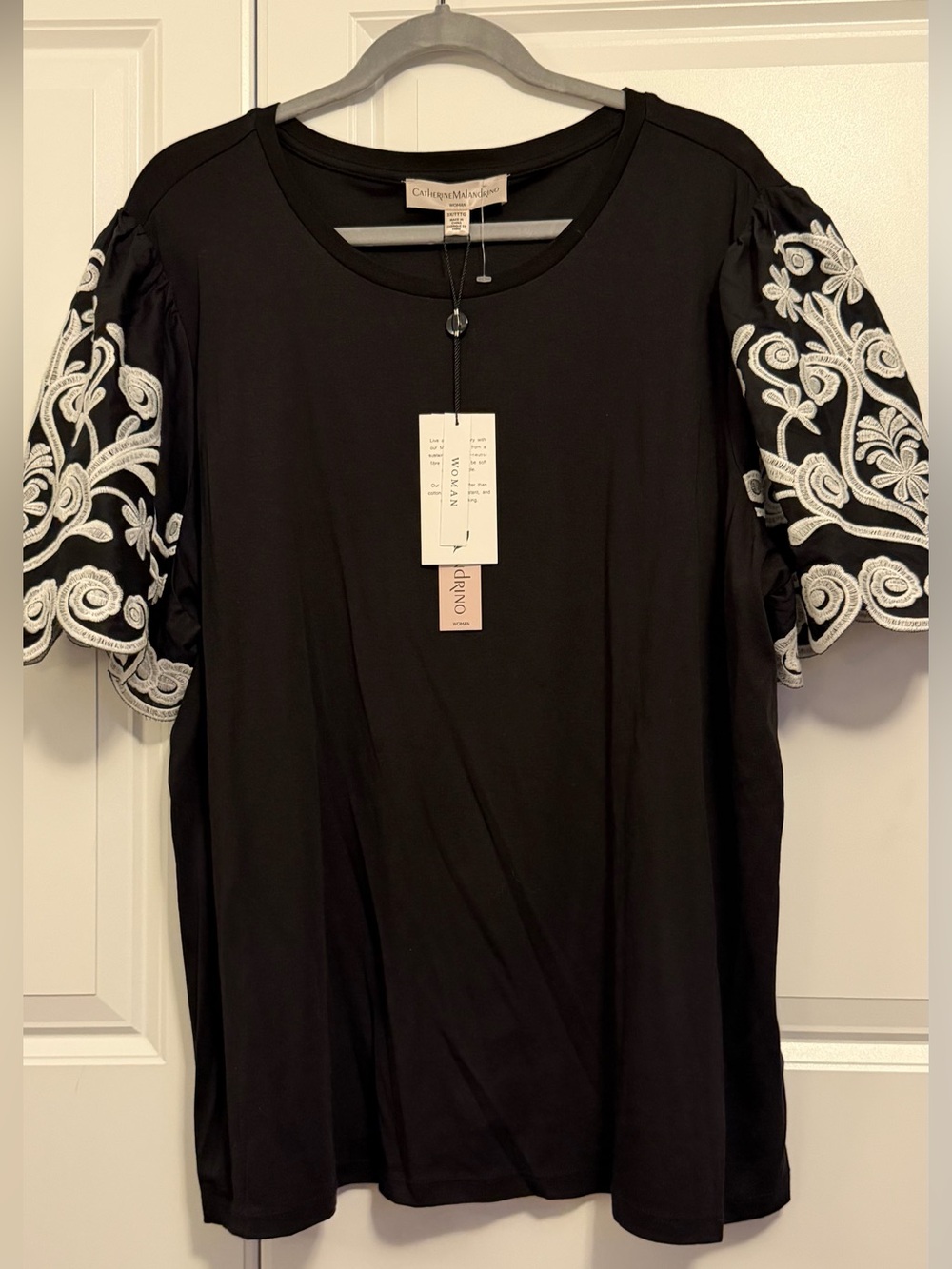 Catherine Malandrino Black Tee with White Embroidered Puff Sleeves